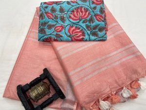 Coral orange linen Saree with printed blouse