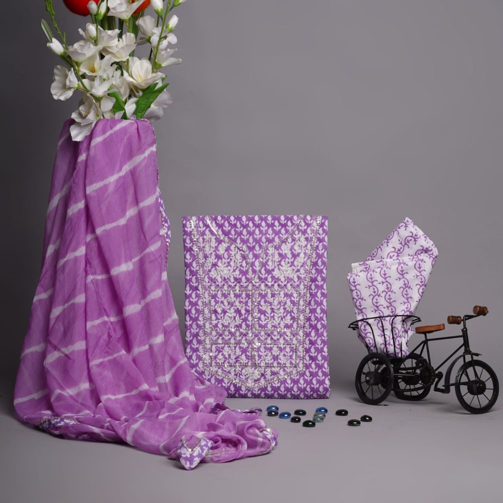 Embroidered Purple printed cotton suit with lehariya print chiffon dupatta