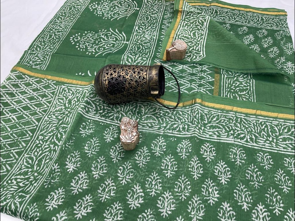 Emerald green hand block printed Chanderi silk saree