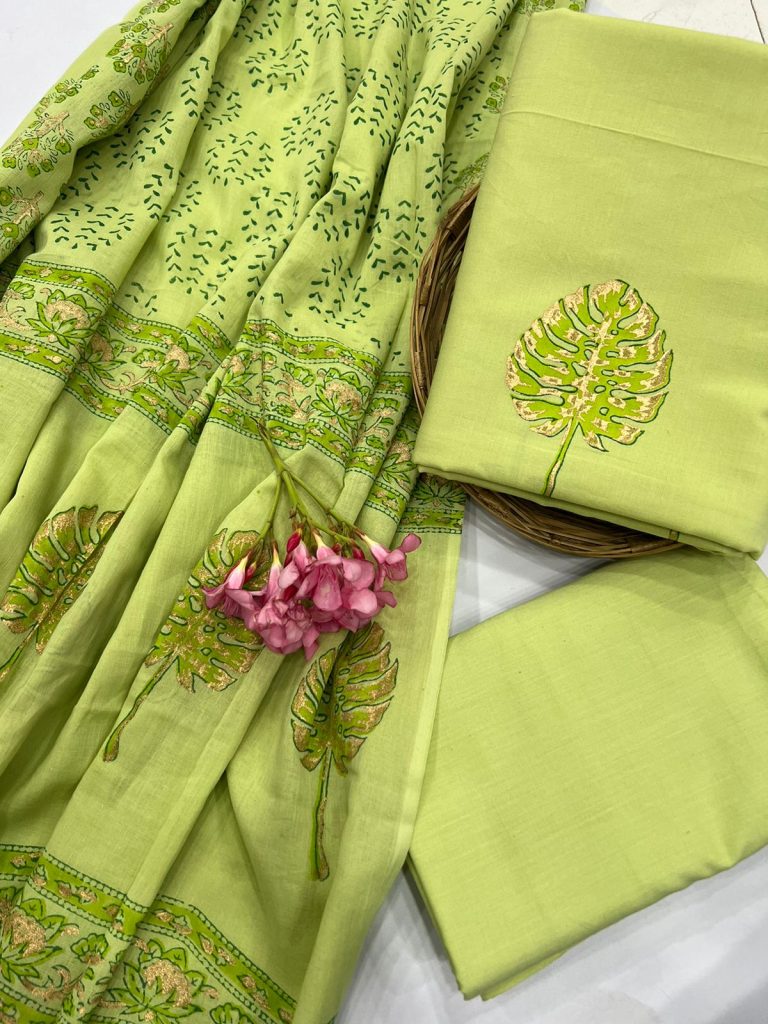 Lite olive green mugal print cotton suit with mul dupatta