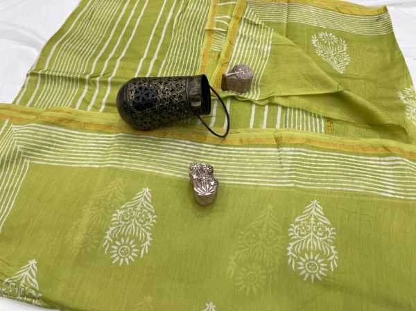 Olive green Mugal hand block printed Chanderi silk saree