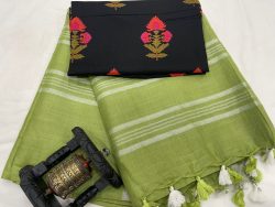 Olive green linen Saree with printed blouse