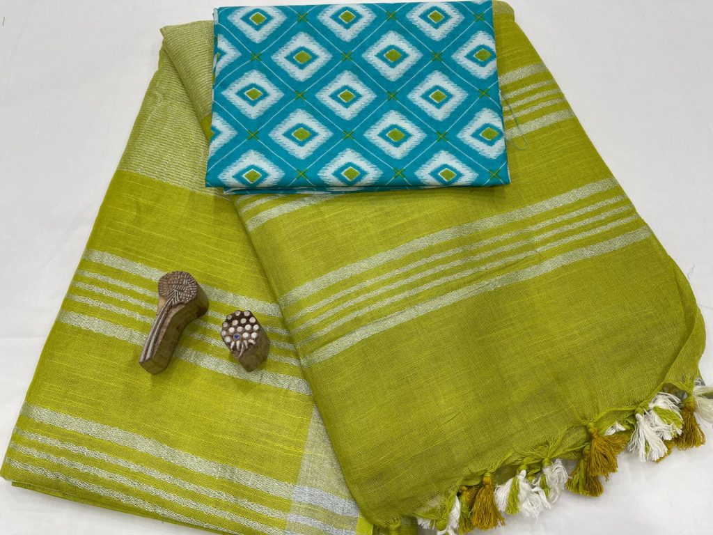 Pear green linen Saree with printed blouse