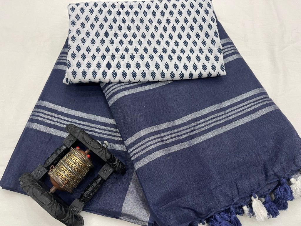 Prussian blue linen Saree with printed blouse