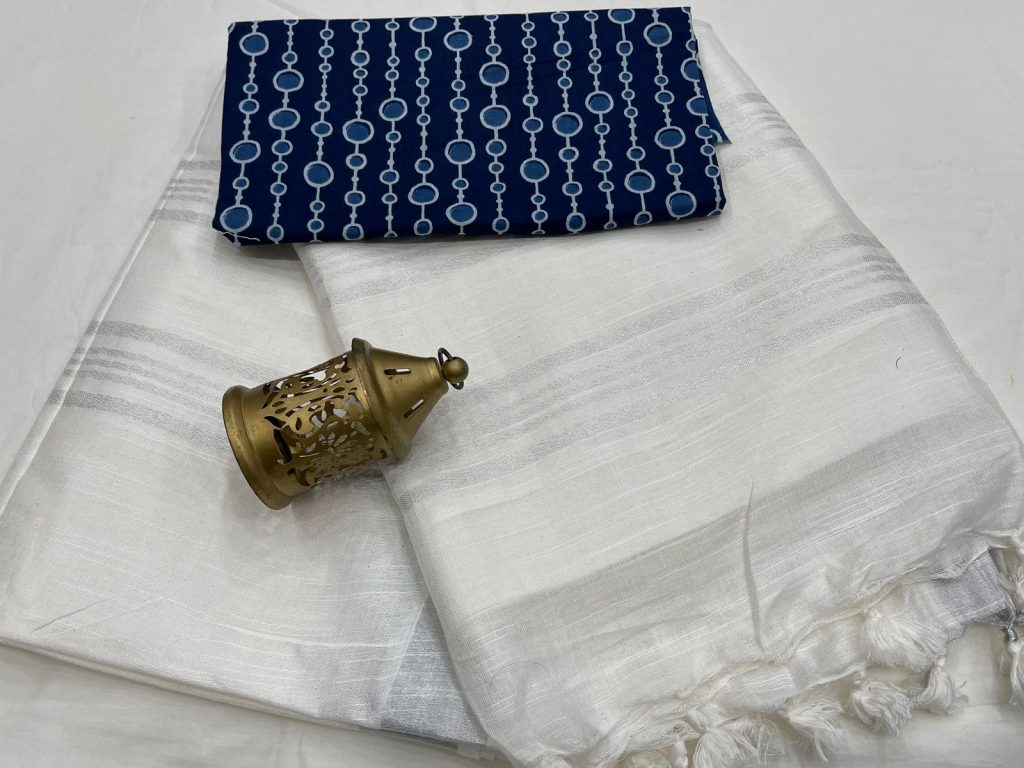 Pure white linen Saree with printed blouse