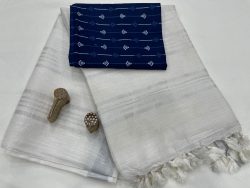 Pure white linen Saree with printed blouse
