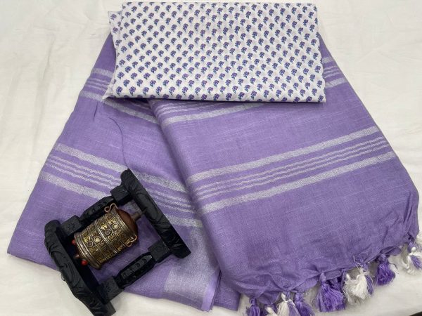 Purple linen Saree with printed blouse
