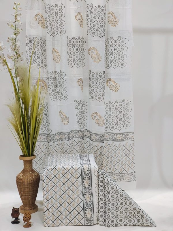 Smock white printed cotton suit with mulmul dupatta
