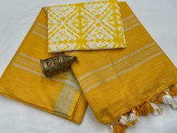 Yellow linen Saree with printed blouse