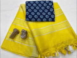 Yellow linen Saree with printed blouse