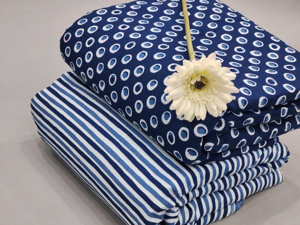 Indigo blue jaipuri print cotton running fabric