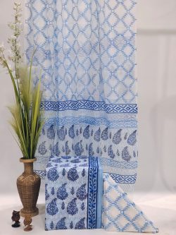 Hand block printed Unstitched soft mulmul dupatta cotton suit in baby blue color