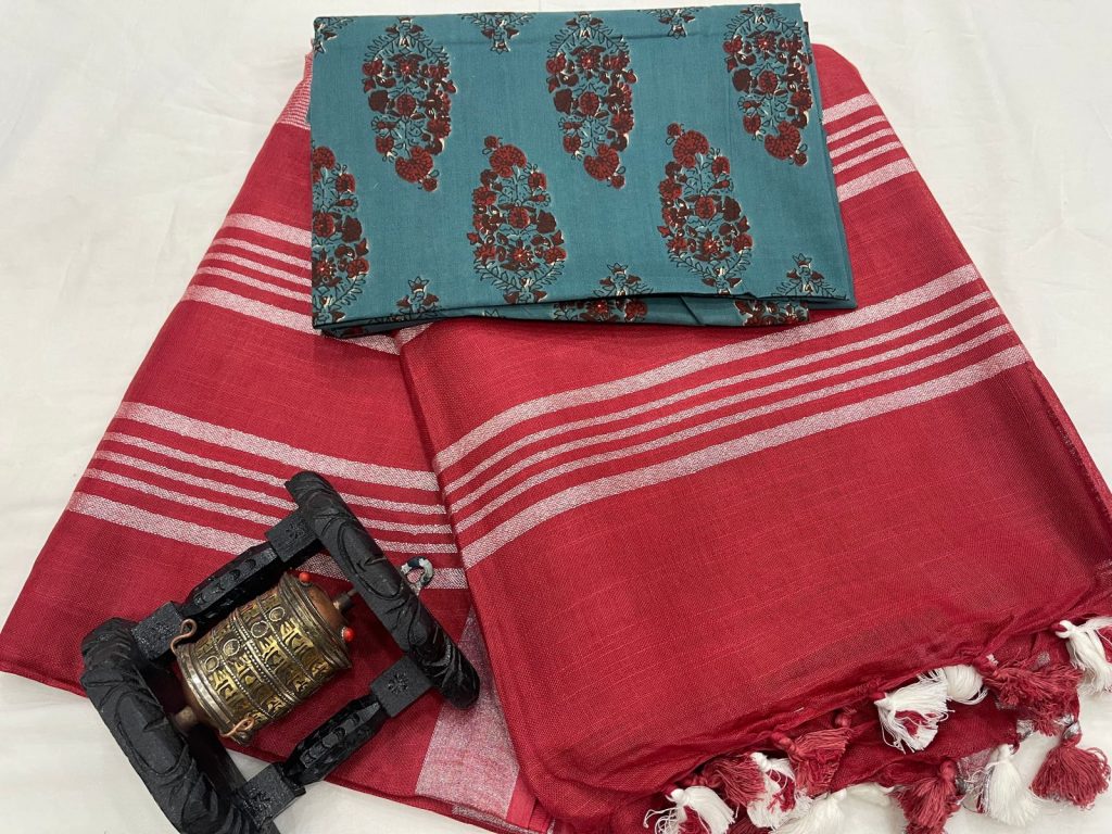 Maroon linen saree with blouse