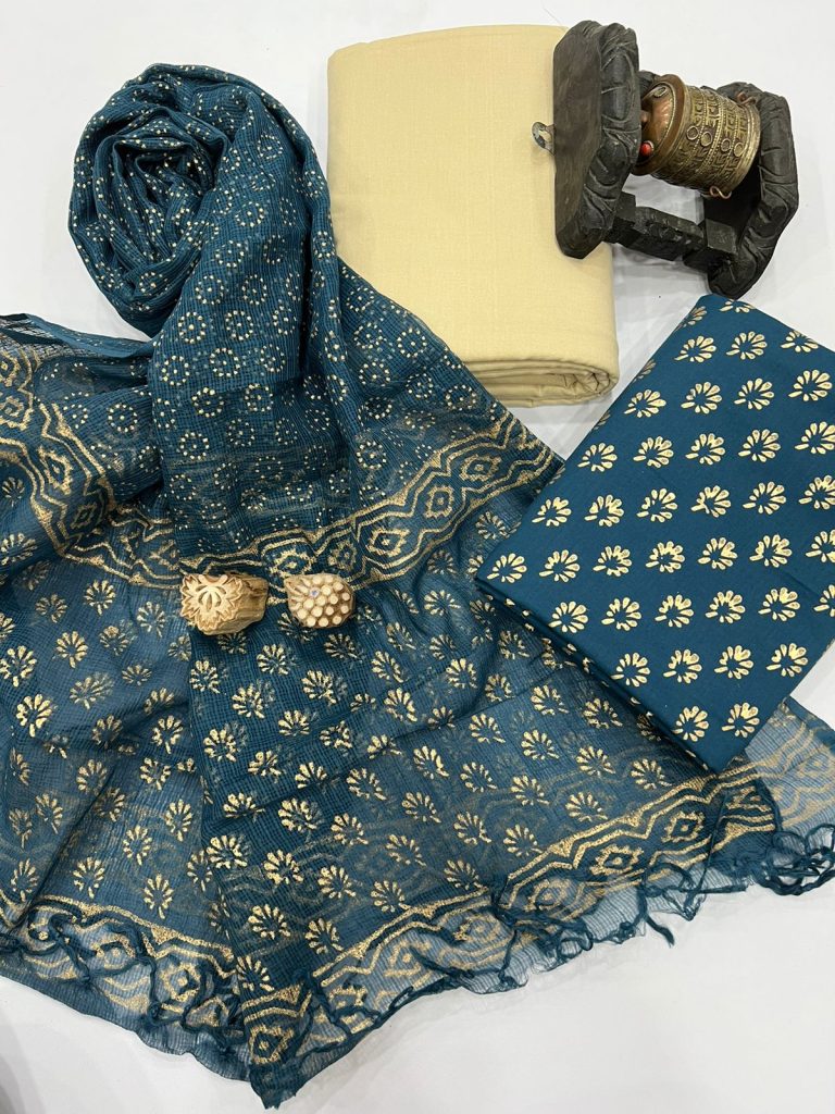 Prussian blue bagru print cotton suit with kota doria dupatta