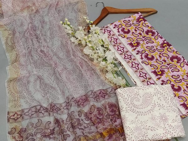 Bouquet pink gad block printed organza dupatta cotton suit