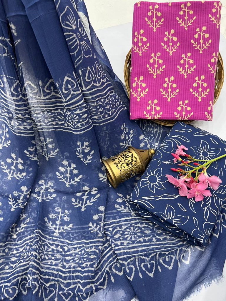 Pink golden print and Indigo blue dobby cotton suit with chiffon dupatta