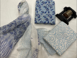 Lite sky blue floral print dobby cotton suit with chiffon dupatta