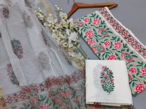 Silver Chalice green printed cotton suit with organza dupatta