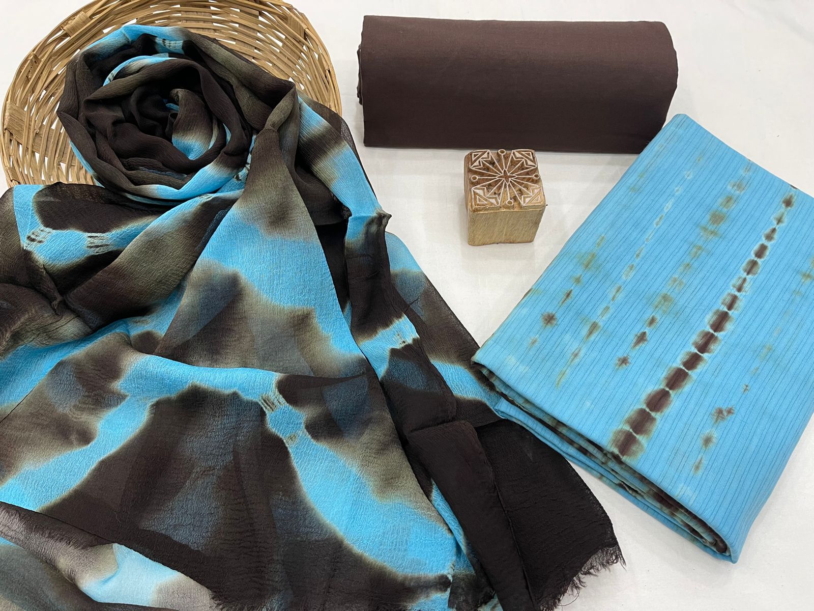 Sky blue shibori print and naswari brown dobby cotton suit with chiffon dupatta