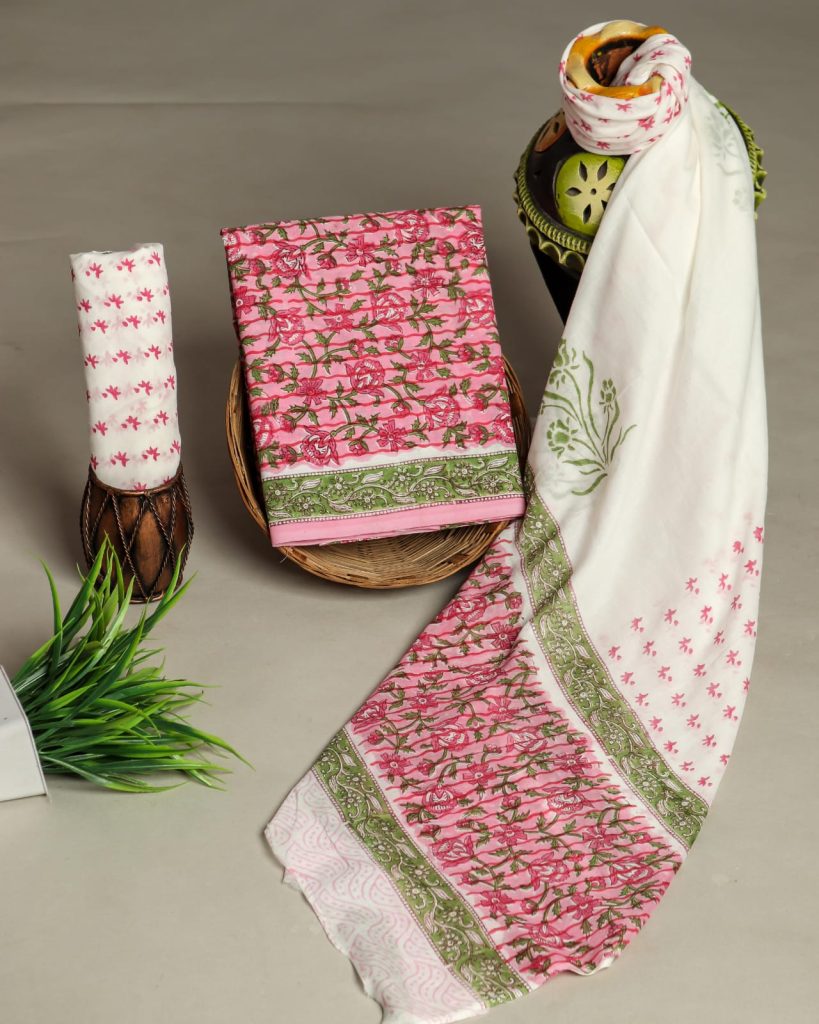 Pink and white hand block printed unstitched cotton salwar suit with dupatta