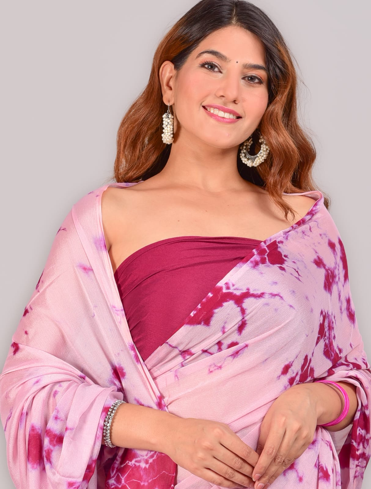 Rose pink printed chiffon saree with blouse piece