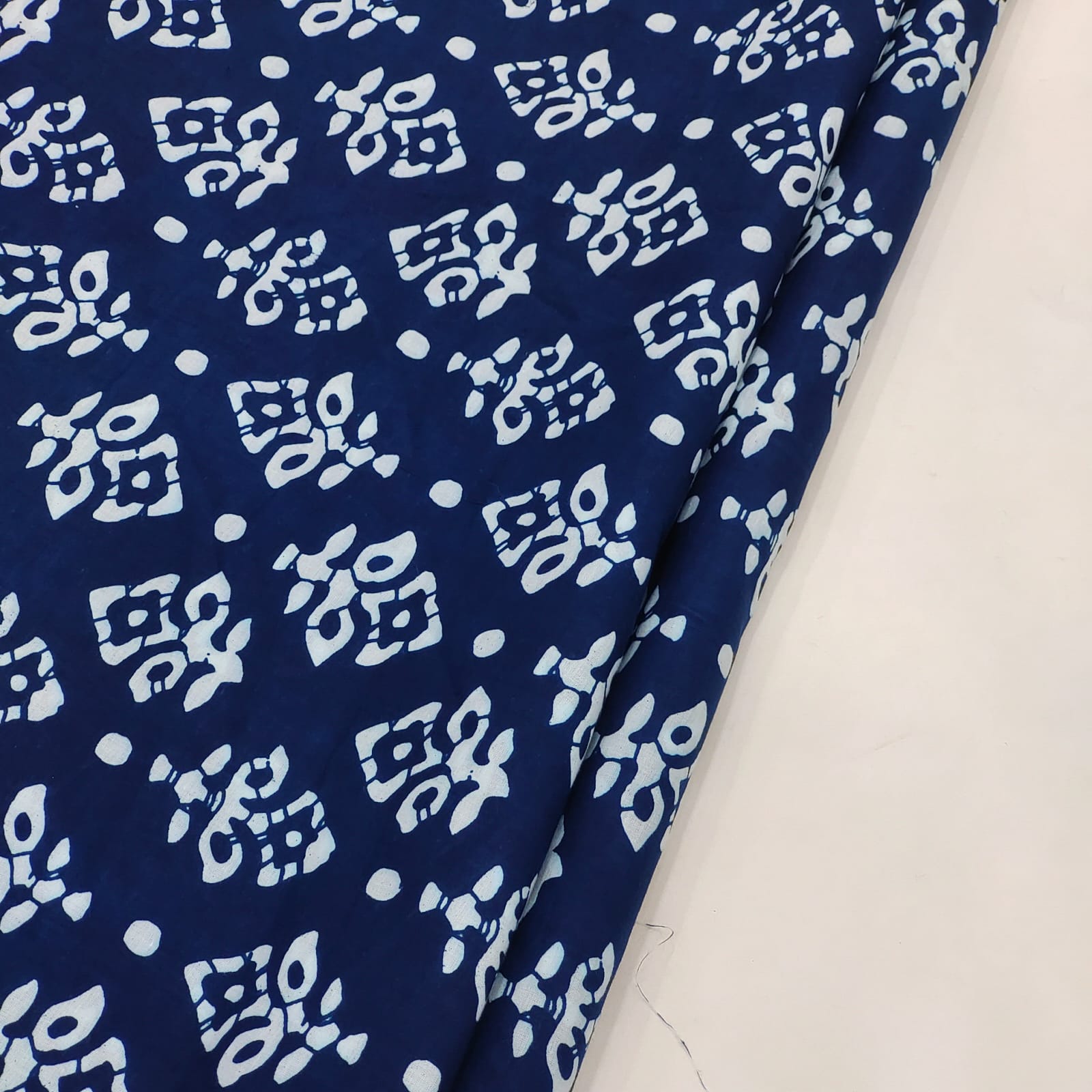 Indigo blue screen printed cotton running material