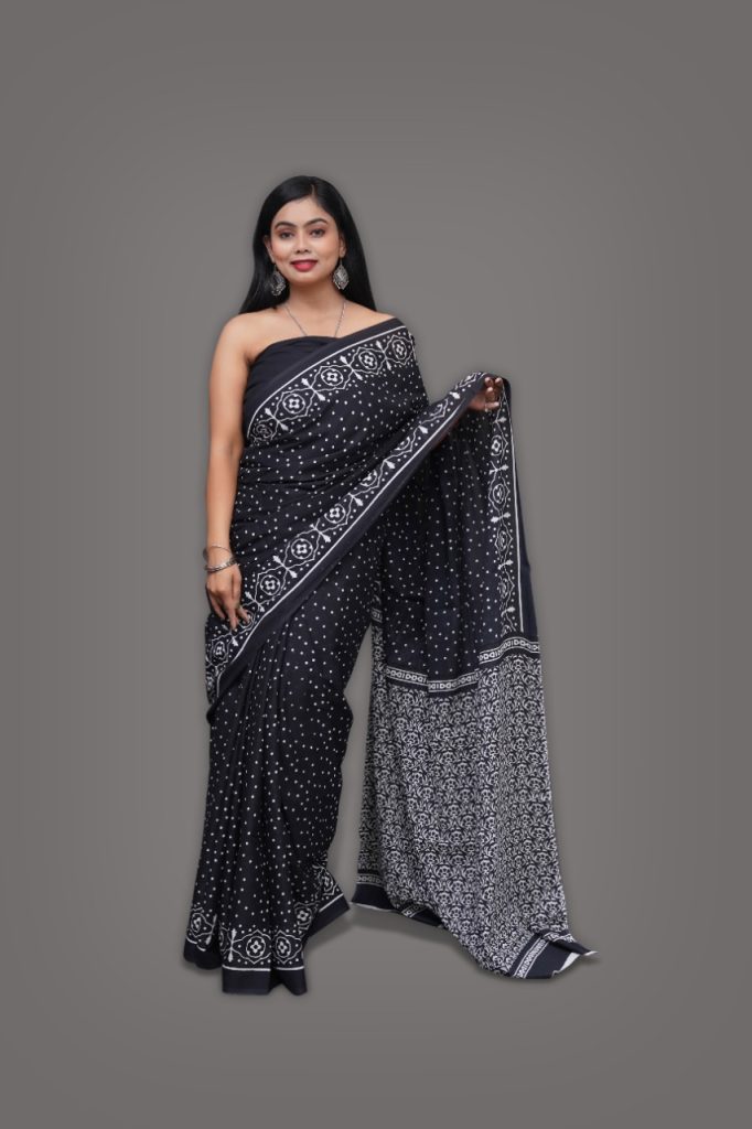 Black dotted block print cotton sarees