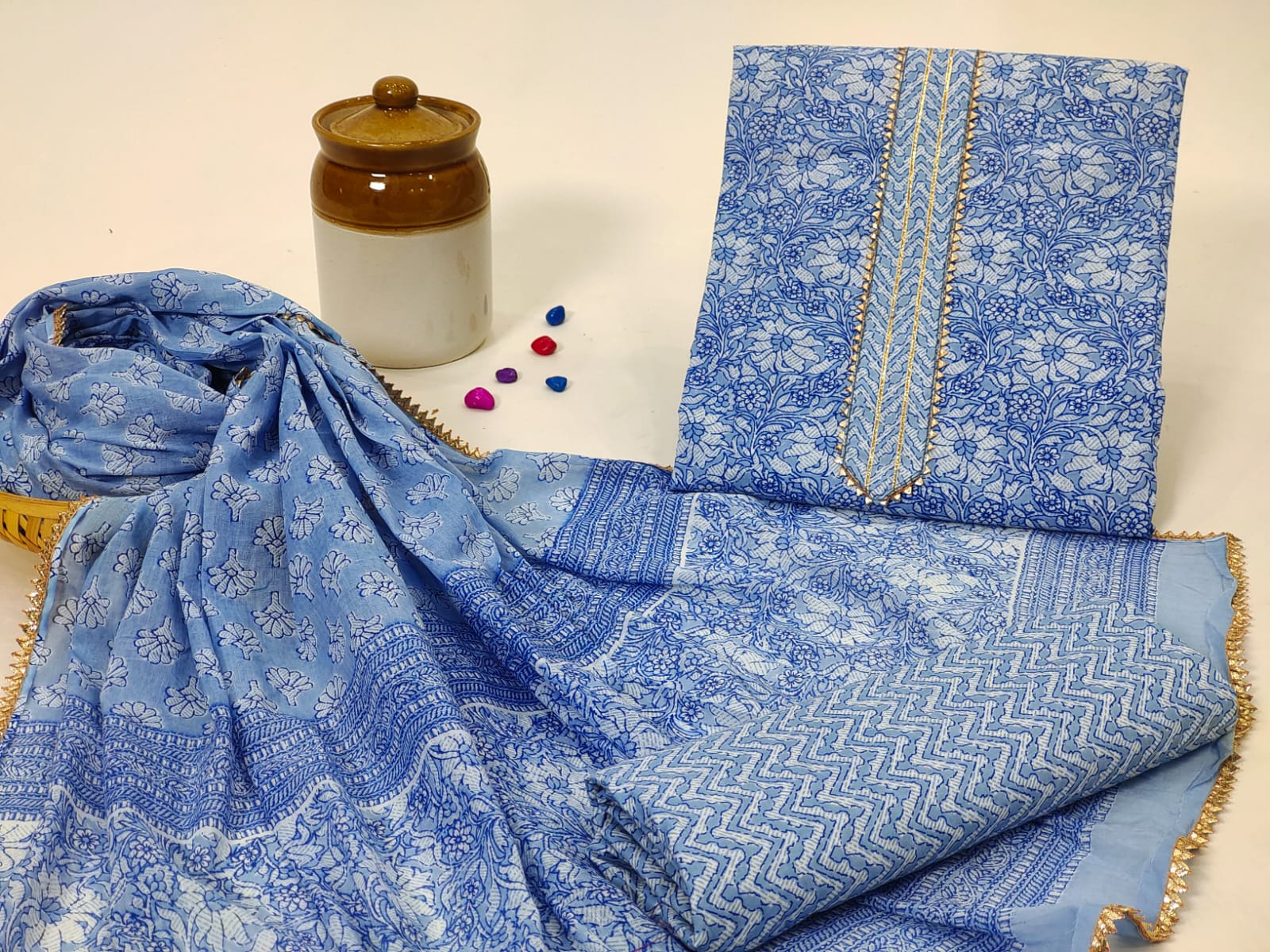 Tealish blue hand block print cotton dupatta suit with embroidery work