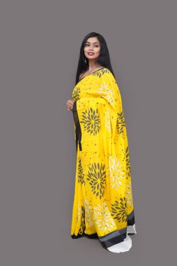 Yellow block printed cotton sarees wholesale