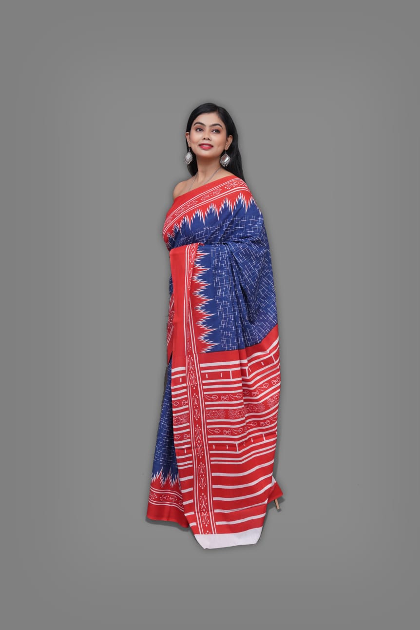 Casual wear Red blue Cotton saree with blouse