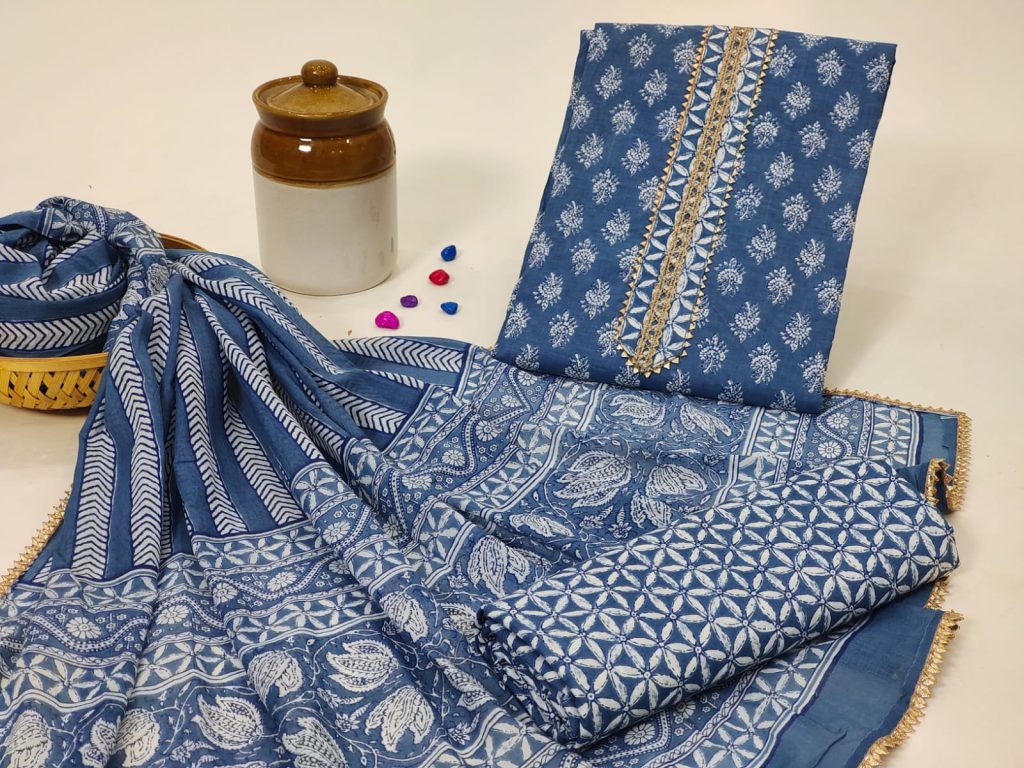 Venice blue hand block print cotton dupatta suit with embroidery work