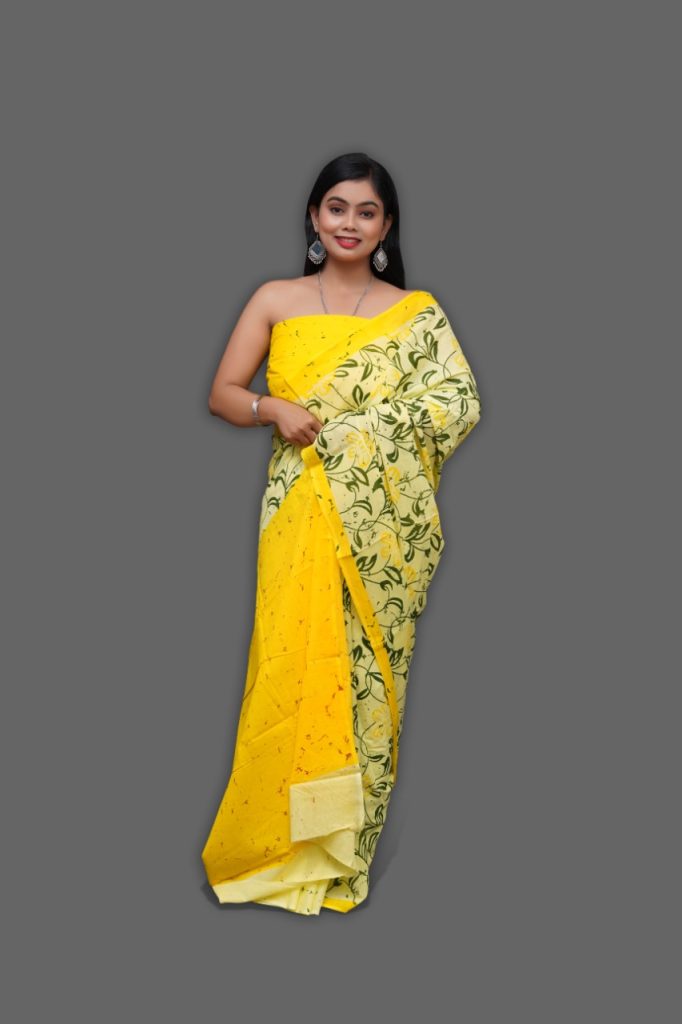 Yellow printed malmal cotton saree