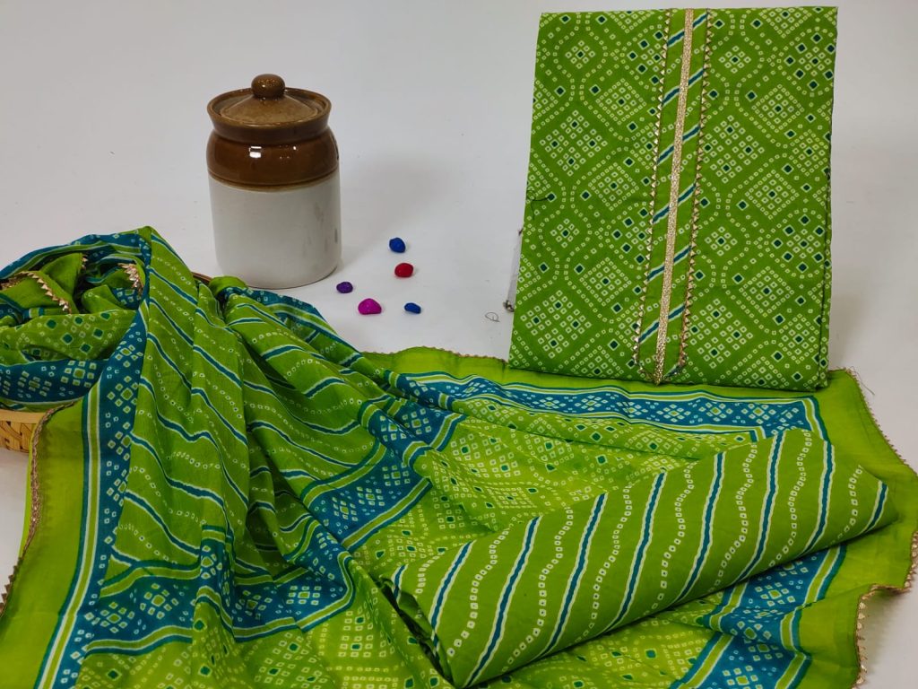 Green bandhej hand block printed cotton dupatta embroidery suit punjabi