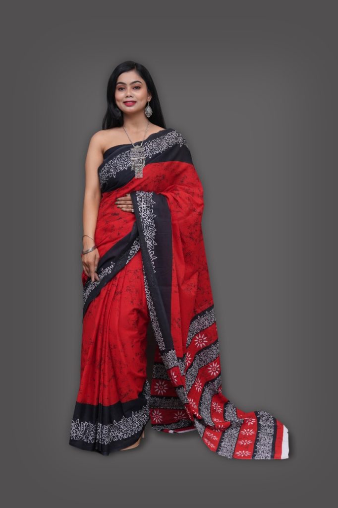 Red and black batik cotton printed ladies saree