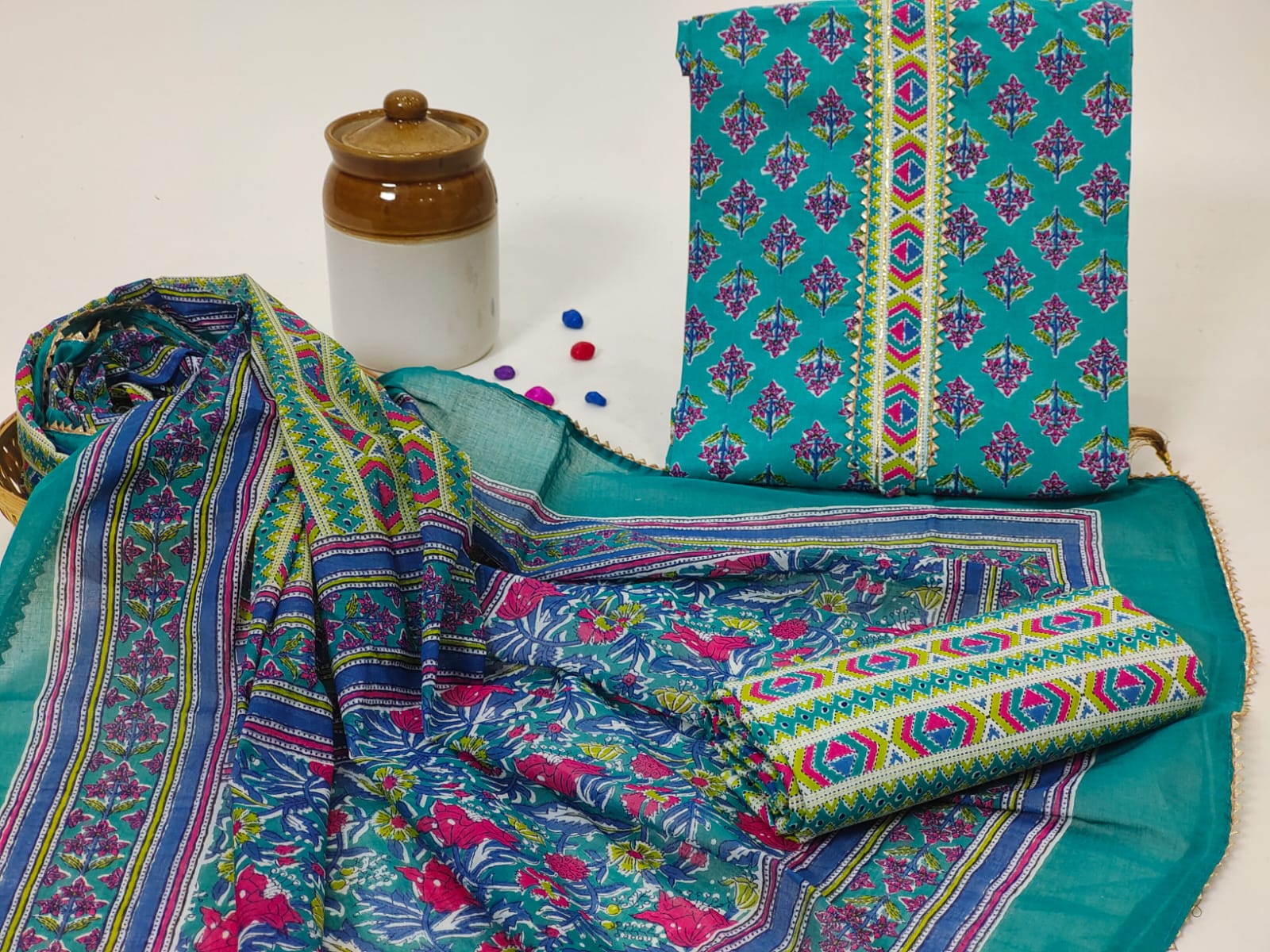 Persian green hand block print cotton dupatta embroidered salwar kameez online