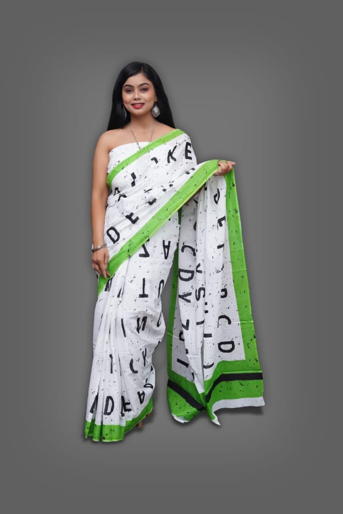 Summer wear Chartreuse green and white cotton saree with blouse