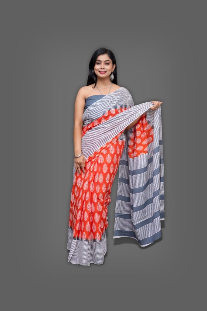 Red and gray block print cotton sari