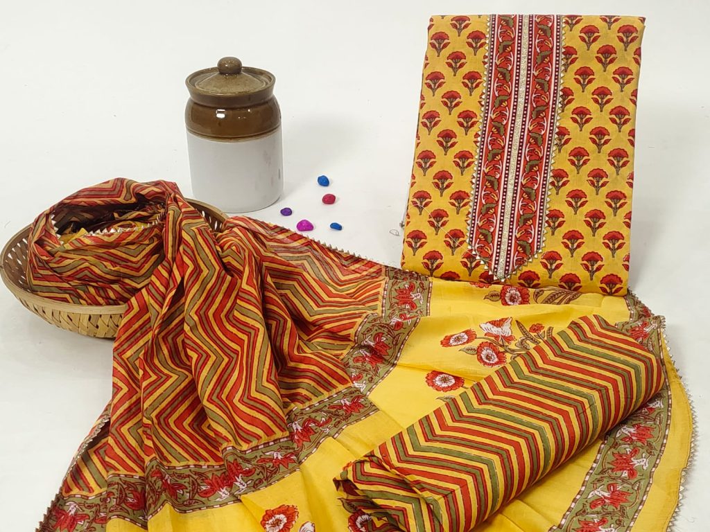 Haldi yellow hand block print cotton dupatta embroidery suit designs hand work