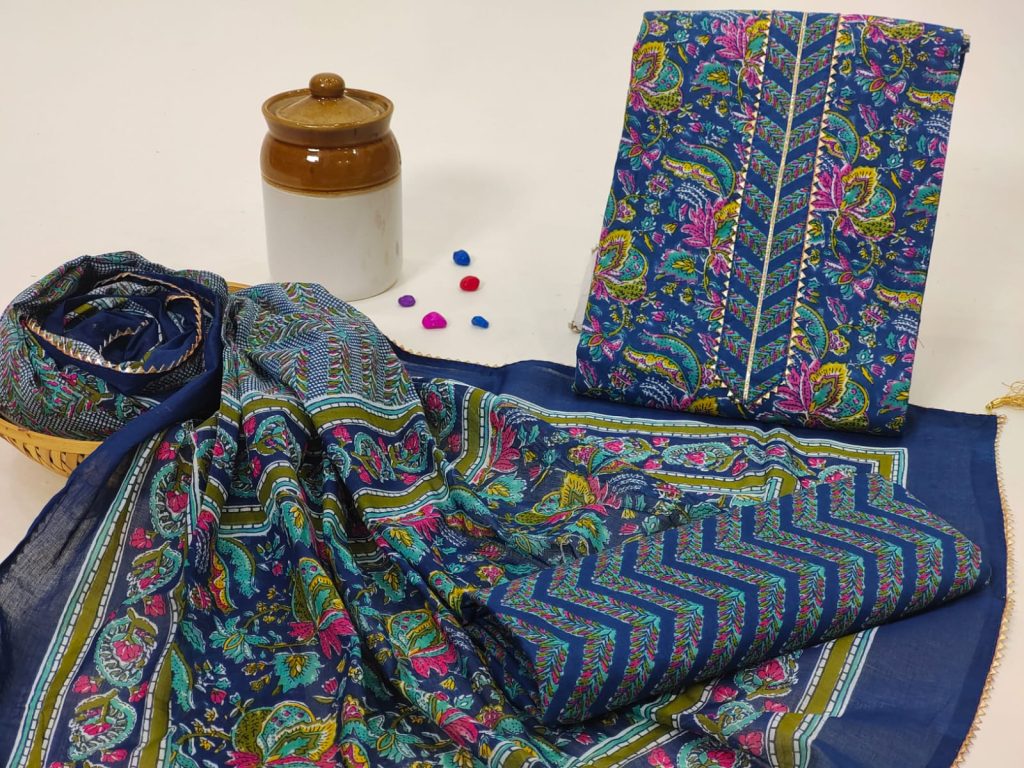Regal blue hand block print cotton dupatta embroidery suit designs hand work