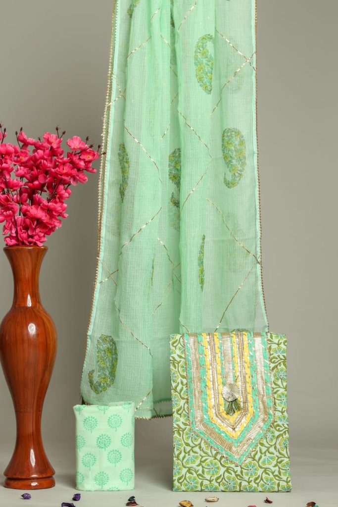 Green gad block print cotton embroidery suits wholesale with kota doria dupatta