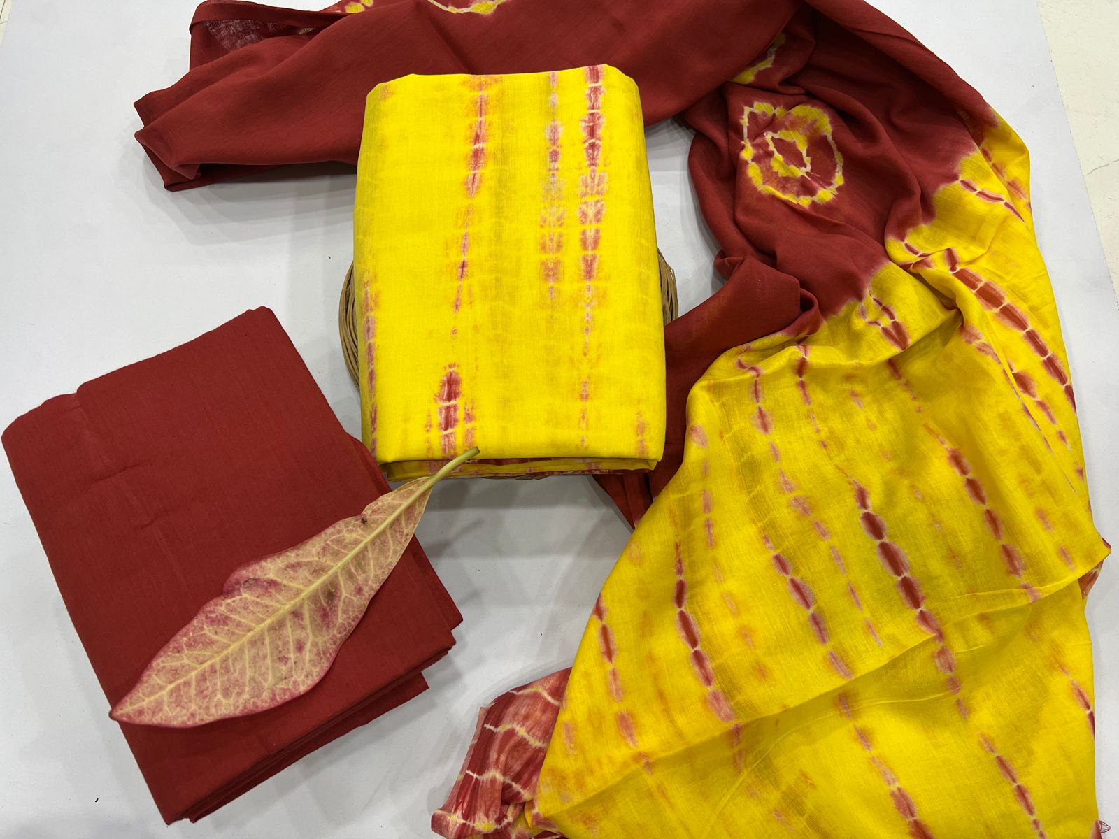 Carmine red and yellow shibori print cotton dupatta 3 piece suits