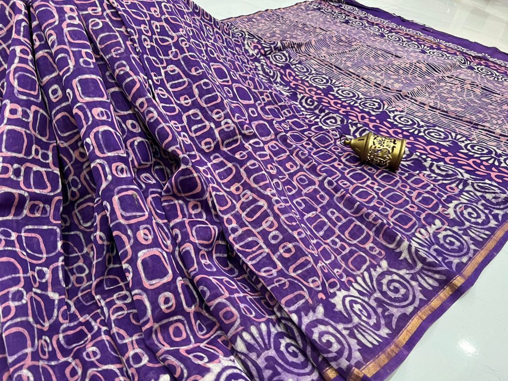 Purple block printed chanderi sarees