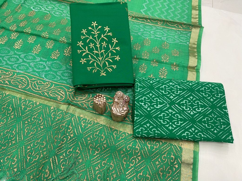 Jade Green cotton suit with kota silk dupatta