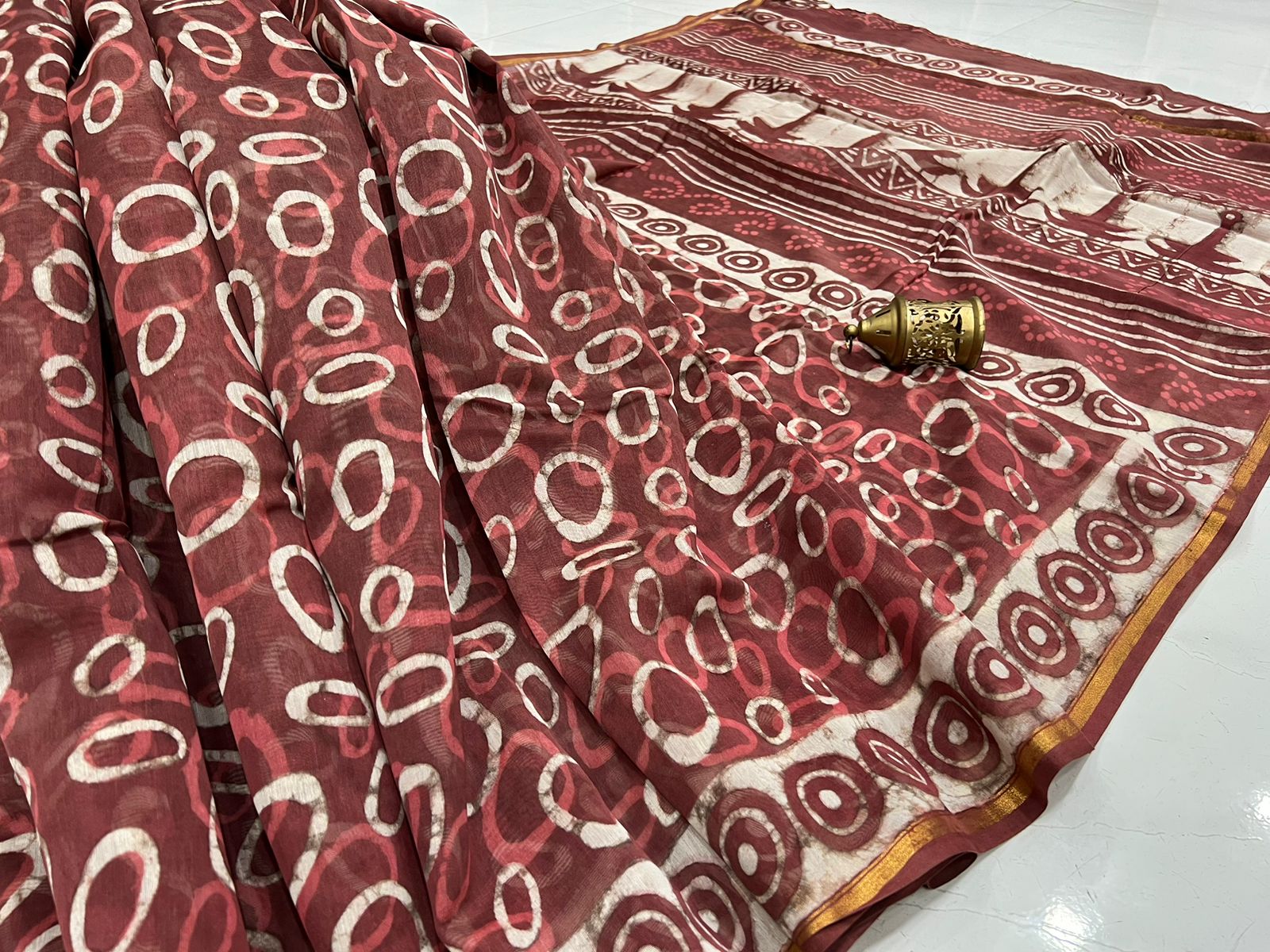 Bagru print Burgundy chanderi silk saree with price