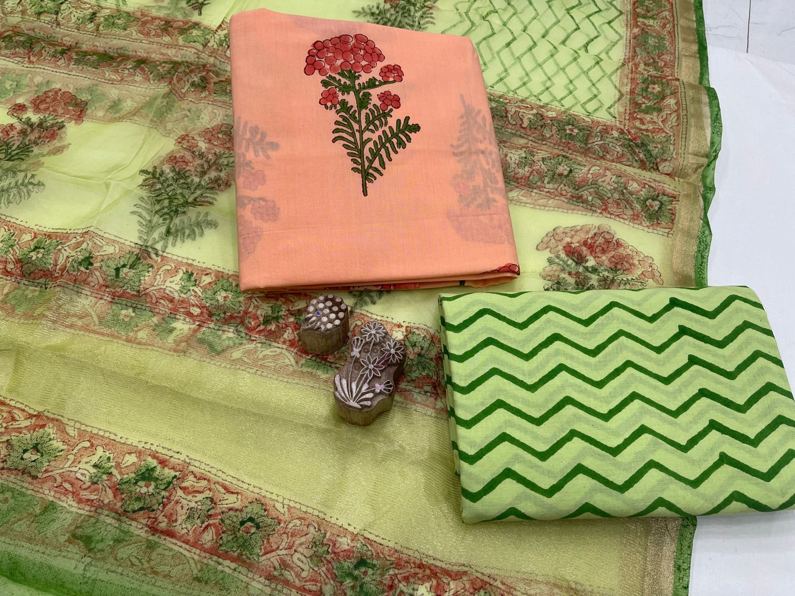 Dull green and Coral salwar suits with kota silk dupatta