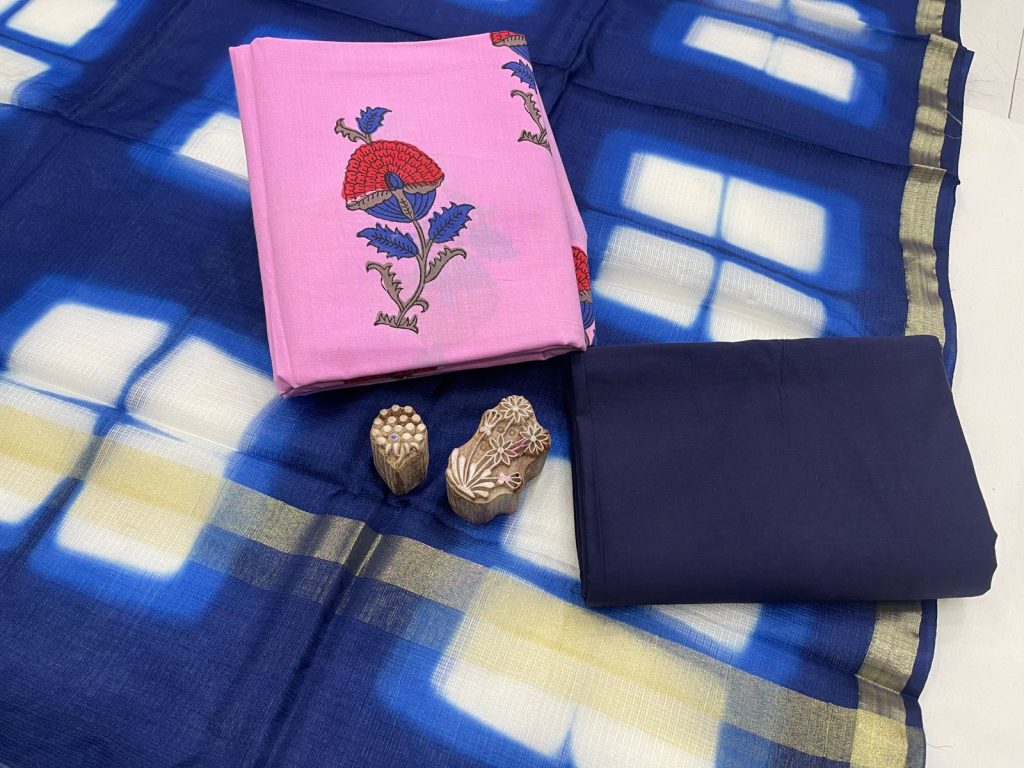 Pink and navy blue Cotton suit with kota silk dupatta