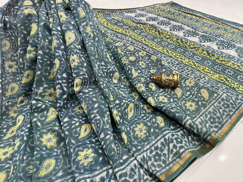 Dark olive green bagru printed silk sarees in chanderi