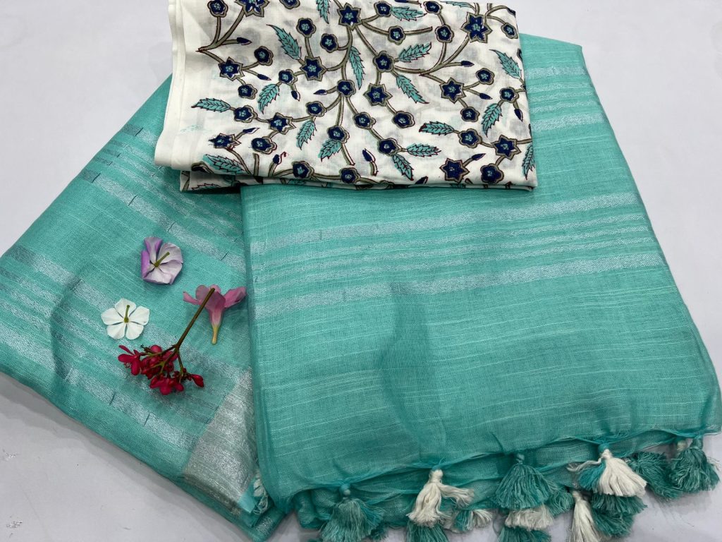 Cerulean blue plain linen saree with silver border