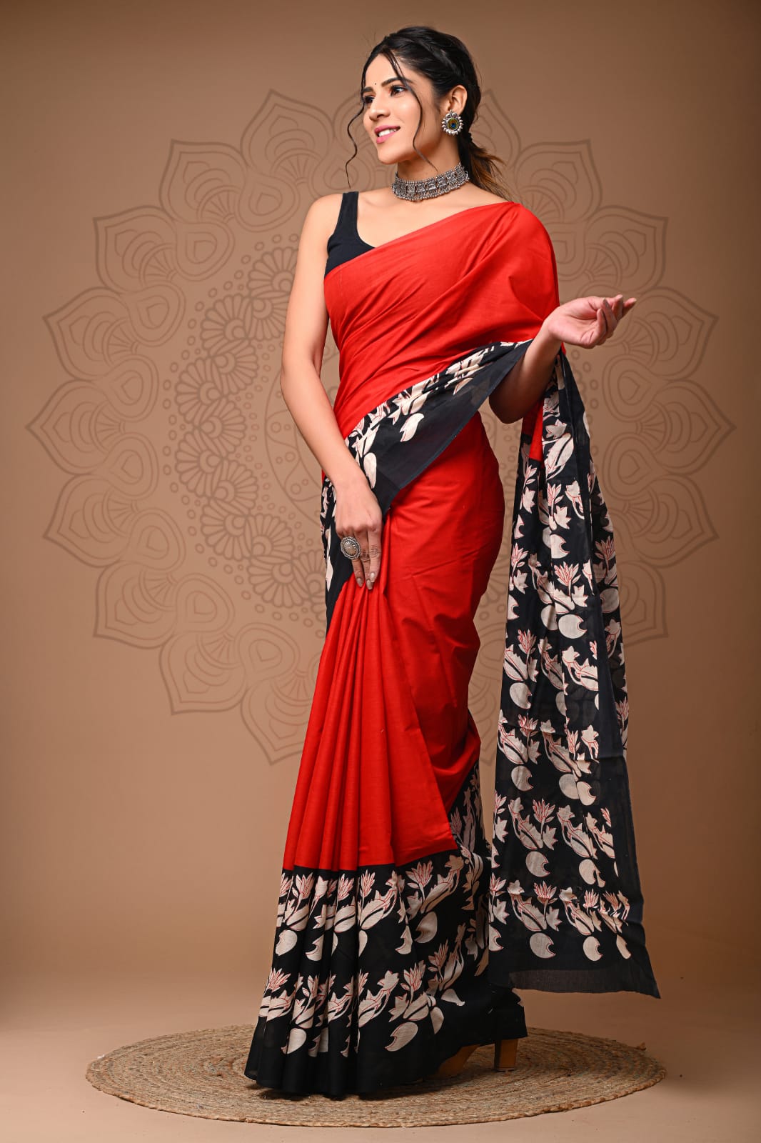 Red and black summer cotton saree