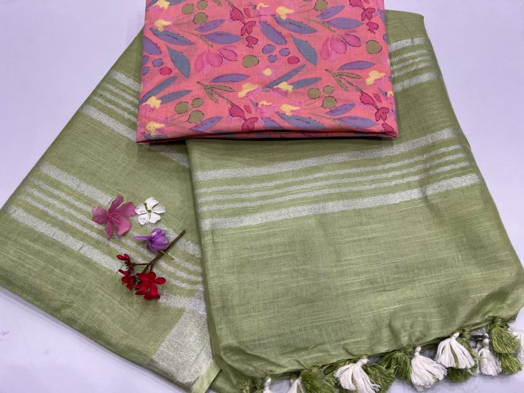 Bud green linen plain sarees latest
